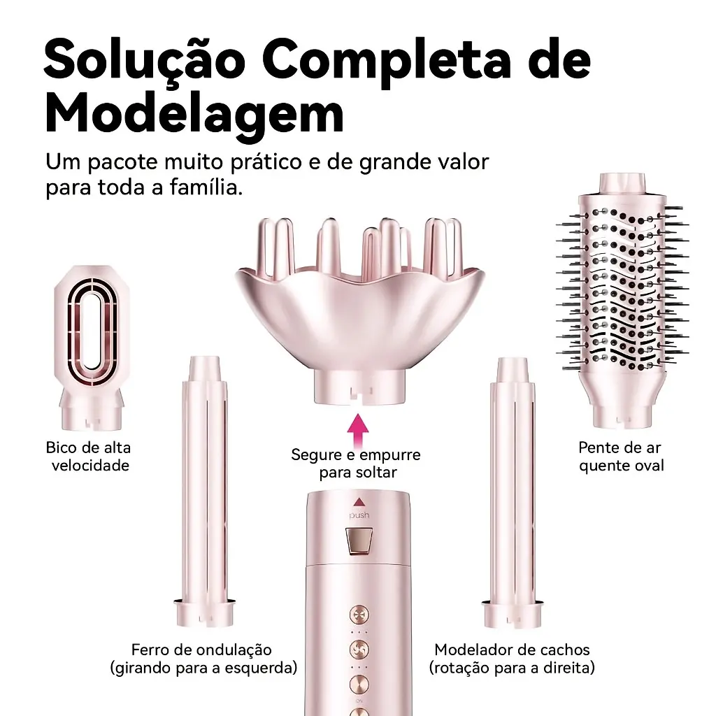 Os 5 acessórios da escova secadora: bocal concentrador, difusor, escova oval e dois cilindros de cachos